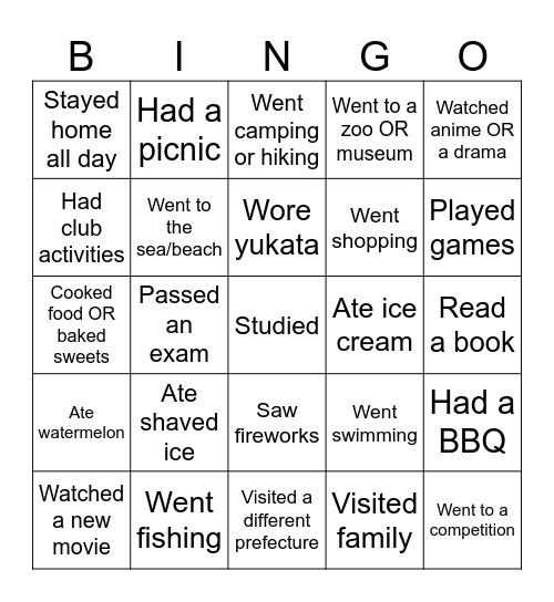 Summer Vacation Bingo Card