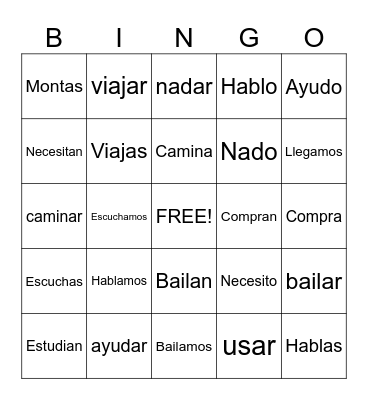 -AR Verbs Bingo Card