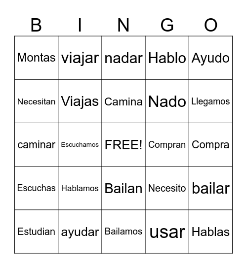 -AR Verbs Bingo Card