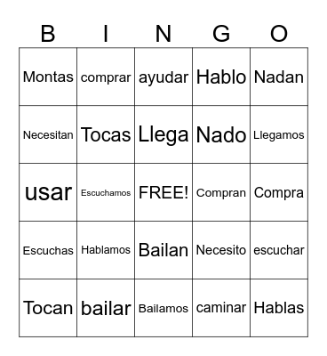 -AR Verbs Bingo Card