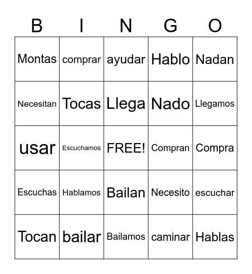 -AR Verbs Bingo Card