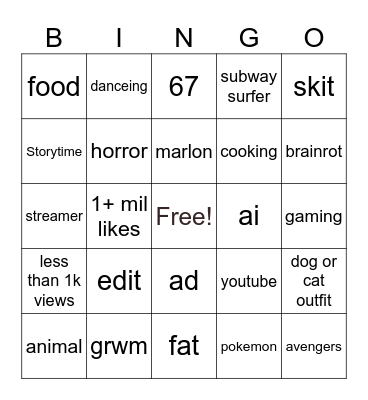 tiktok Bingo Card