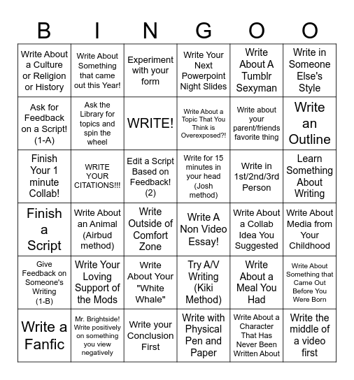Scriptember Bingo Cards Bingo Card