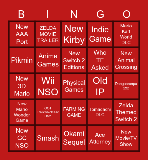 September Nintendo Direct Bingo Card