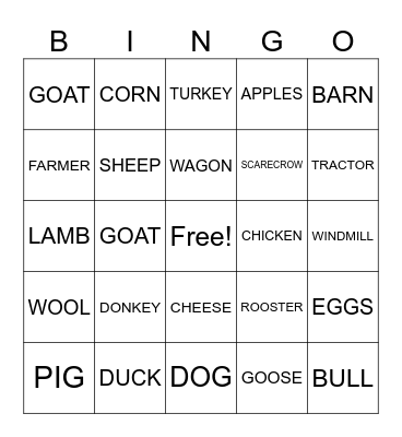 FARM ANIMALS/ BARN Bingo Card