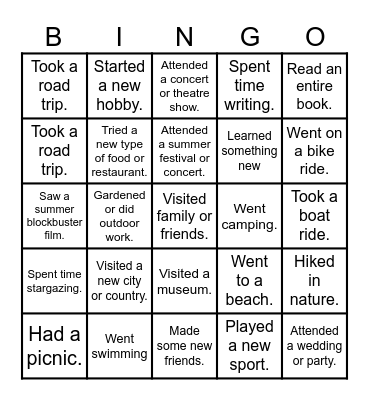 Summer Holiday Bingo Card