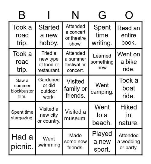 Summer Holiday Bingo Card