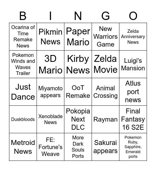 Nintendo Direct September 2026 Predictions Bingo Card