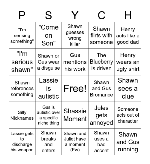 Psych Episode Bingo Card Bingo Card