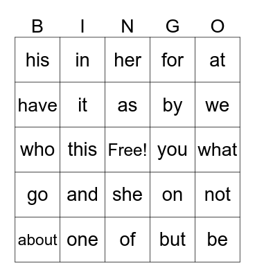 Sight words Bingo Card
