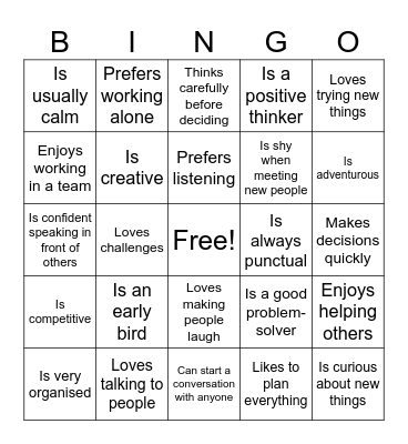 GET TO KNOW YOUR CLASSMATES – PERSONALITY BINGO Card