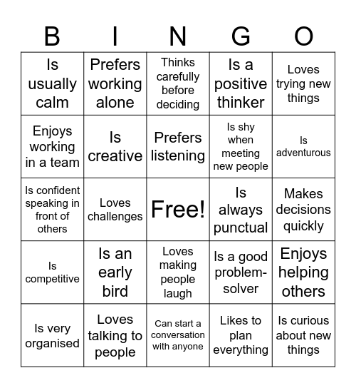GET TO KNOW YOUR CLASSMATES – PERSONALITY BINGO Card