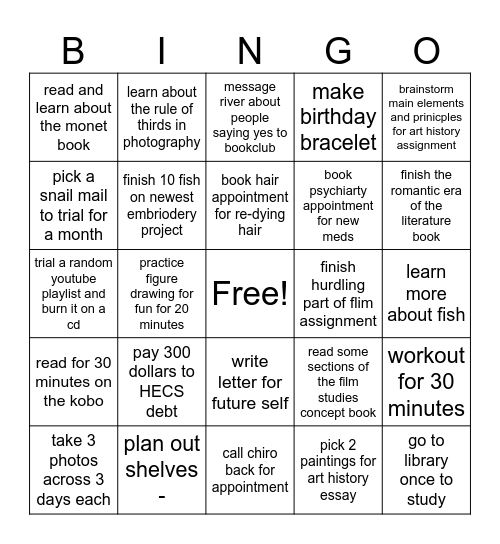 to-do bingo Card