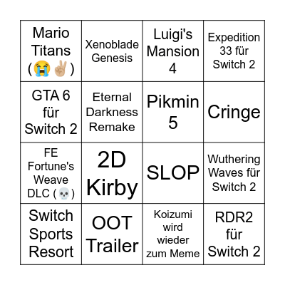 Nintendo Direct Bingo Card
