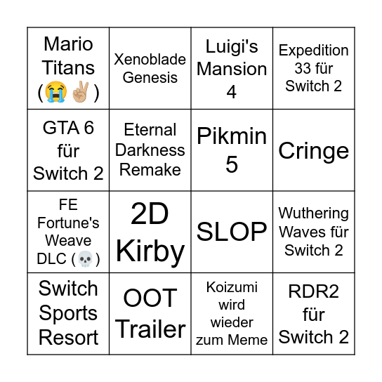 Nintendo Direct Bingo Card