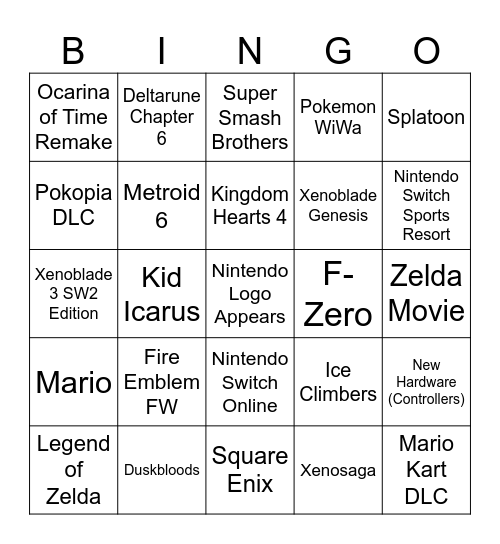 Nintendo Direct 9.10.2026 Bingo Card