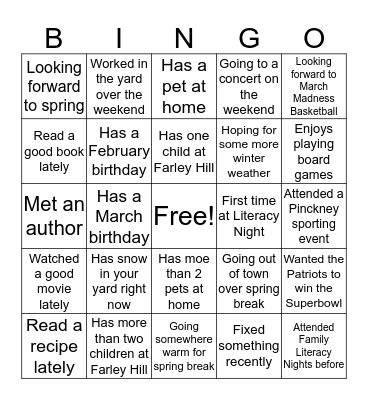 Family Literacy Night BINGO Card