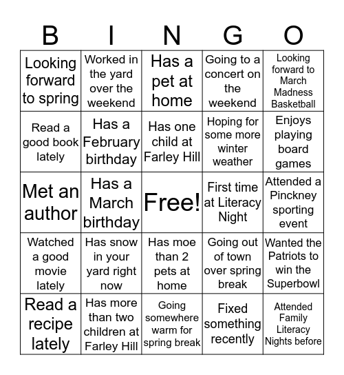 Family Literacy Night BINGO Card