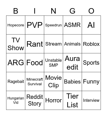 YoutTube Shorts Bingo Card