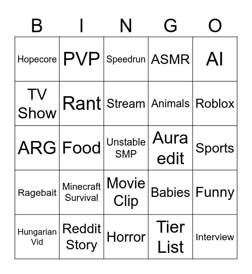 YoutTube Shorts Bingo Card