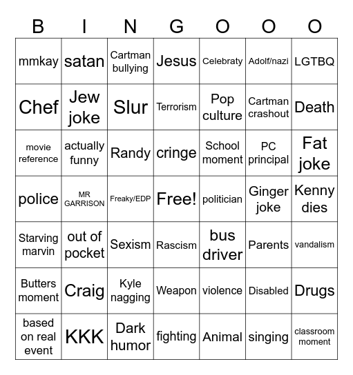 soouthpark Bingo Card