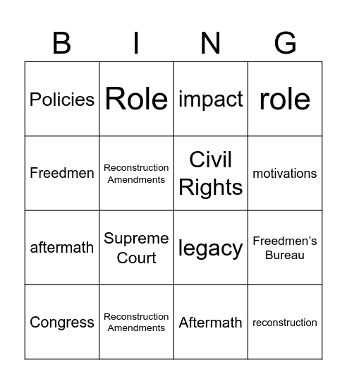 Reconstruction Vocab Bingo Card