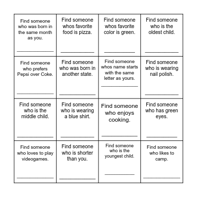 Find Someone Who Bingo Card