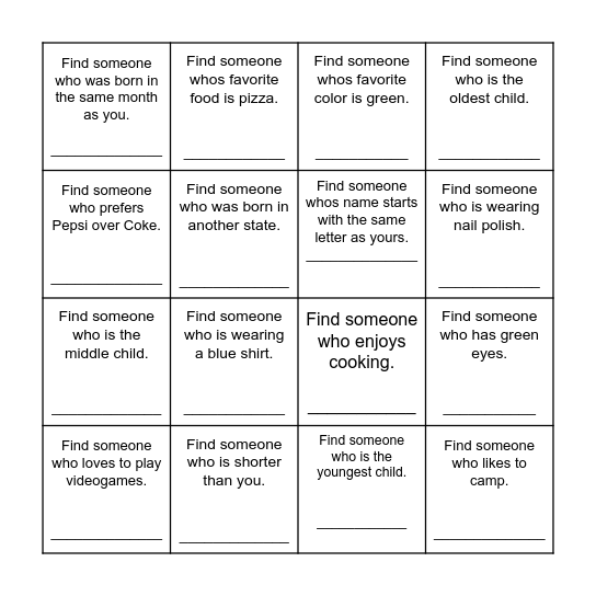 Find Someone Who Bingo Card