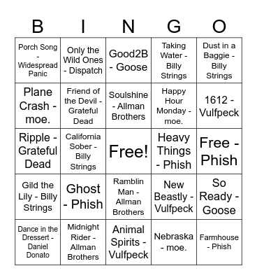 Jam Bands 2 Bingo Card