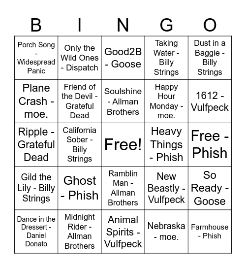 Jam Bands 2 Bingo Card