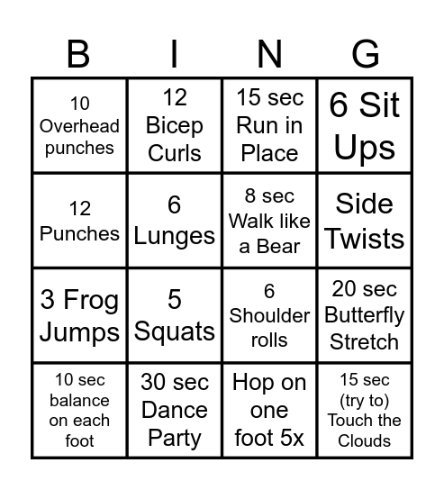 PA (Kids) Bingo Card