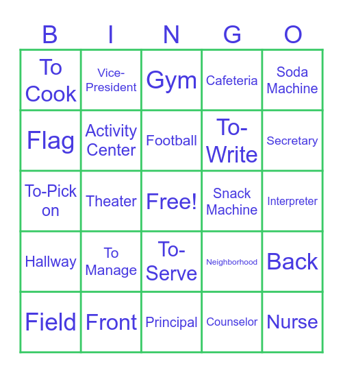 More School Location and Activities Bingo Card
