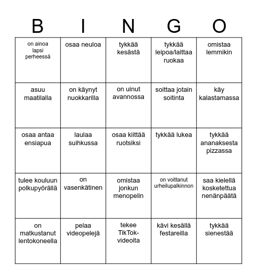 Tutustumisbingo Card