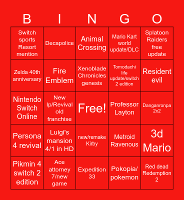 Nintendo Direct Bingo Card