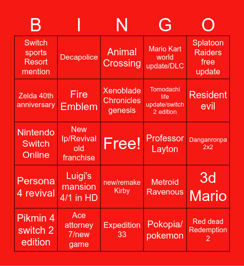 Nintendo Direct Bingo Card