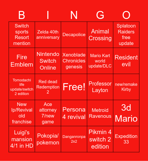 Nintendo Direct September 2026 Bingo Card