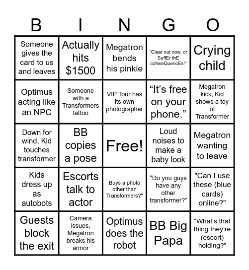 Transformers Hotset Bingo Card