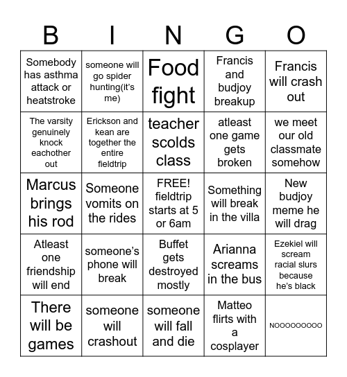PCU fieldtrip bingo Card