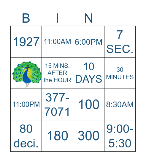 Magic Numbers and Times Bingo Card