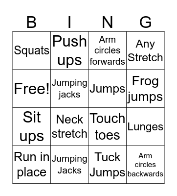 Fitness Bingo Card