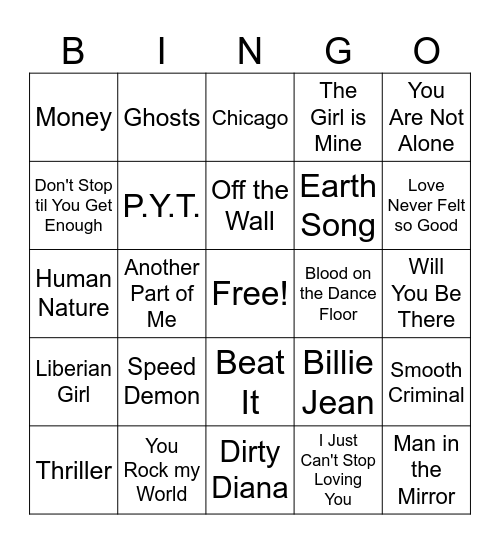 Michael Jackson Bingo Card