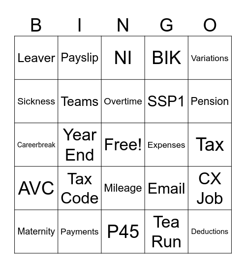 Payroll Bingo Card