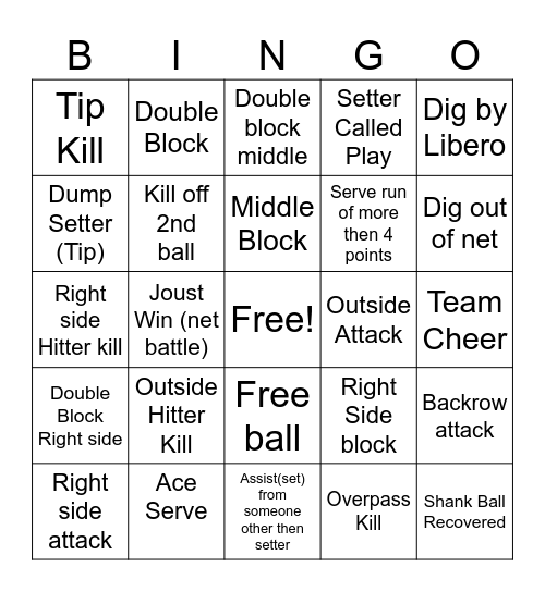 Volleyball Game Bingo Card