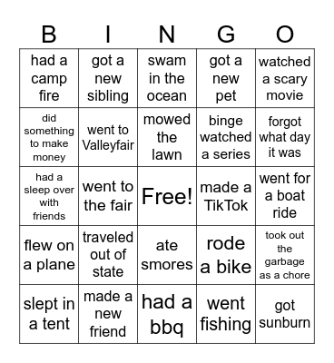Summer Bingo Card