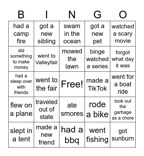 Summer Bingo Card