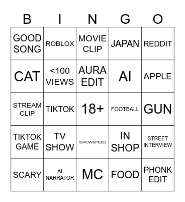 YT SHORTS BINGO Card