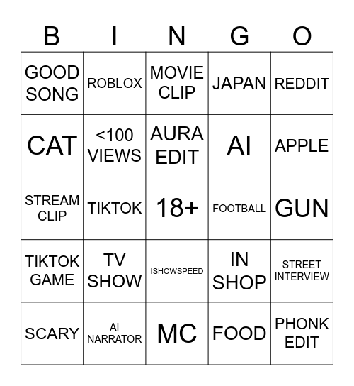 YT SHORTS BINGO Card