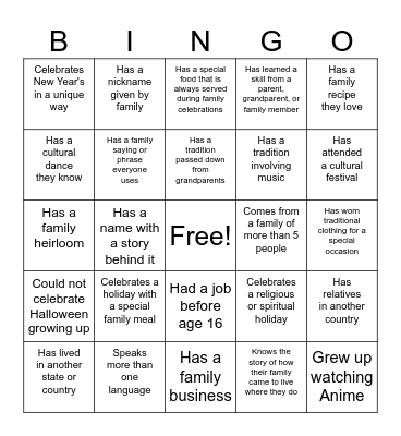 Culture Connections Bingo Card