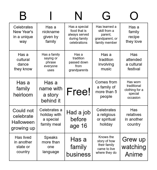 Culture Connections Bingo Card