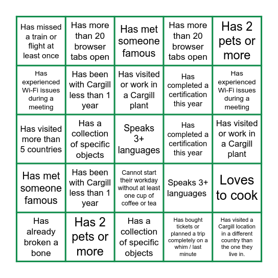 Connect and Match Bingo Card